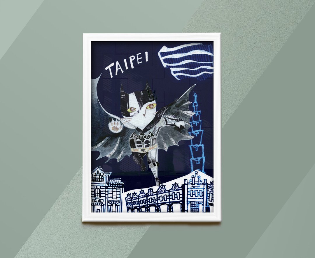 台北蝙蝠侠猫-艺术创作/猫咪/插画/民宿/复制画/无框画/礼物/布置 - 海报/装饰画/版画 - 环保材料 