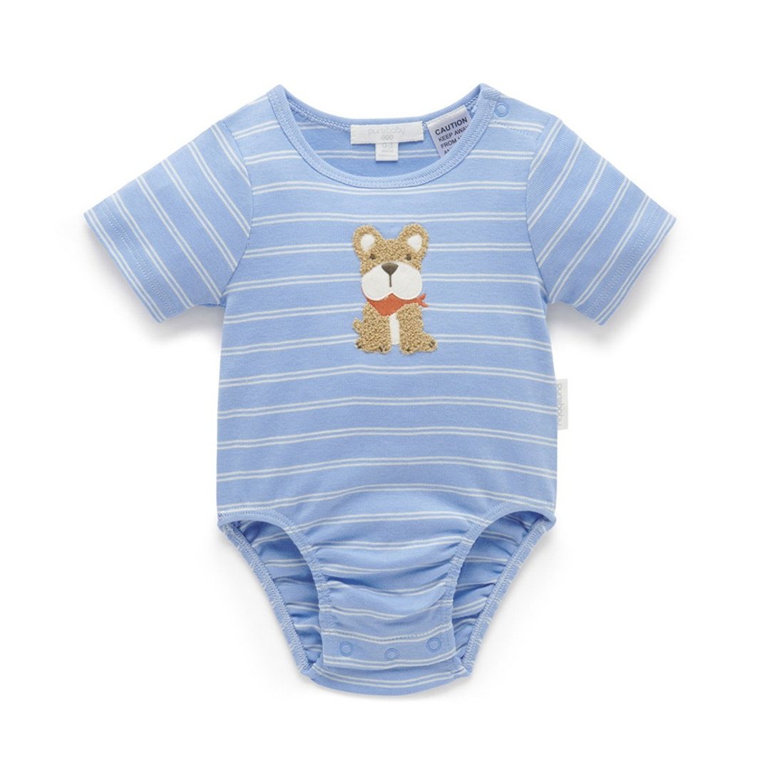 澳洲Purebaby有机棉婴儿短袖包屁衣/新生儿 连身衣 蓝色小狗 - 包屁衣/连体衣 - 棉 
