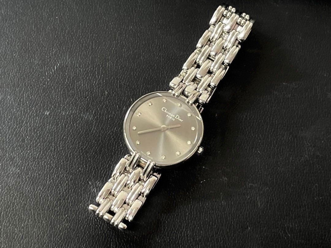 绝版稀有品 Dior 灰银色水钻圆盘手表 古董表 二手女装腕表 中古表 - 女表 - 其他金属 银色