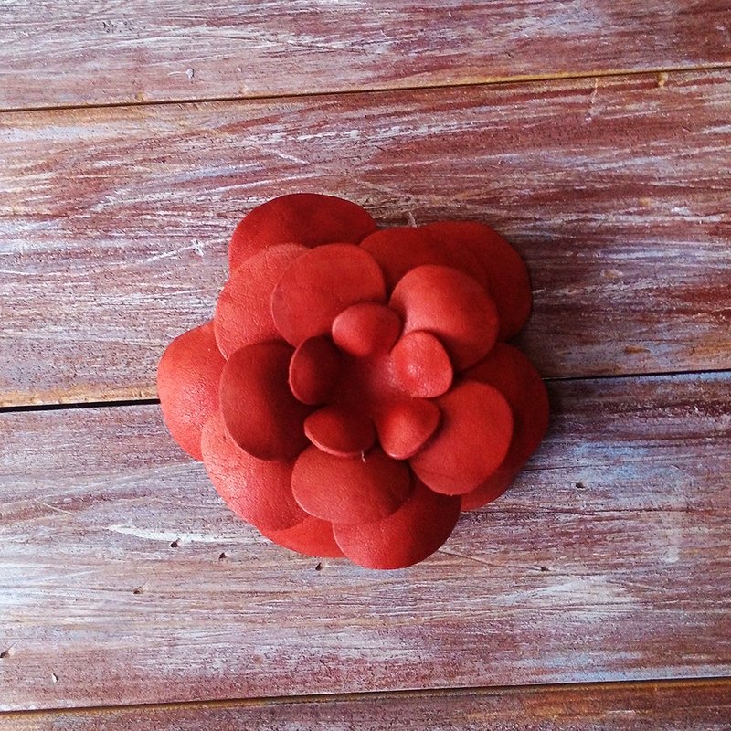 三用皮花x胸针x发夹x橘红色x皮革订做 Kai手工皮革 - 胸针 - 真皮 橘色