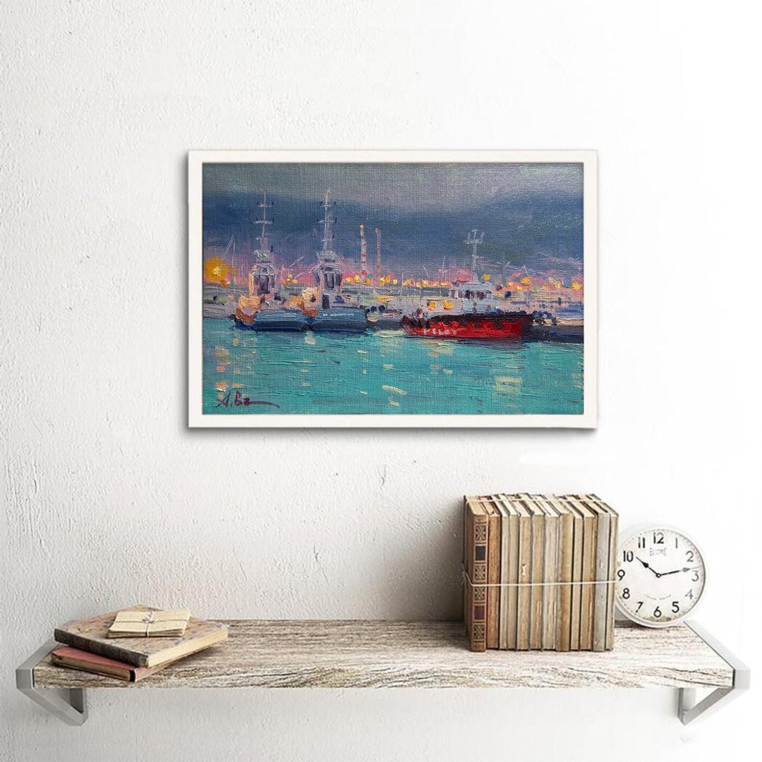 Russia Impressionism Evening Seascape Sea Port Ship Oil Painting Wall Decor - 墙贴/壁贴 - 其他材质 蓝色