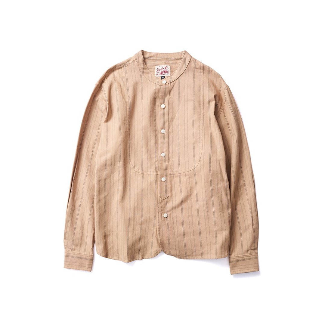 Striped Band Collar Shirt - 卡其 Khaki - 男装衬衫 - 棉 