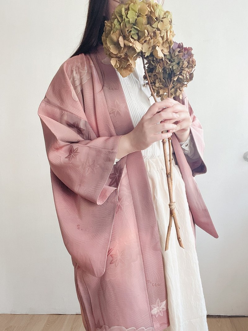 春夏日本制和风云朵枫叶印花藕粉色薄款古着羽织和服外套 - 女装休闲/机能外套 - 聚酯纤维 粉红色