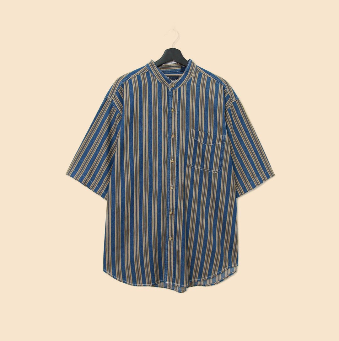 Back to Green- 亨利领条纹短袖衬衫 丹宁蓝卡其线 vintage shirt - 男装衬衫 - 棉 