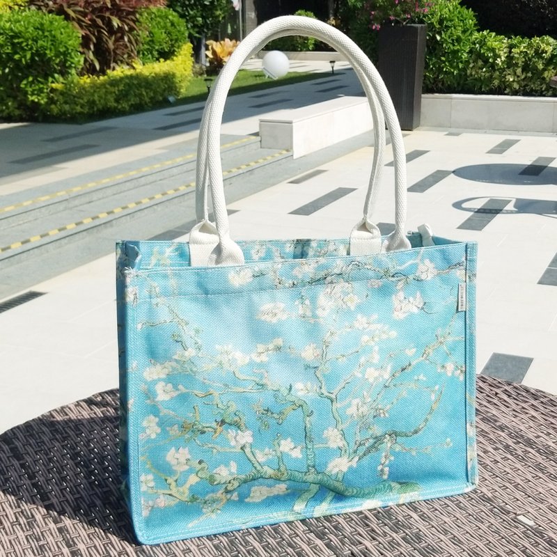 世界名画麻布袋 | 耐用防水拉链袋 | 梵高盛开的杏花手提袋 - 手提包/手提袋 - 棉．麻 多色
