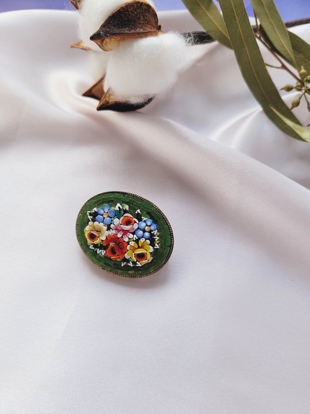 美国西洋古董饰品 / 意大利制青草绿马赛克花卉胸针Micro Mosaic - 胸针 - 其他金属 