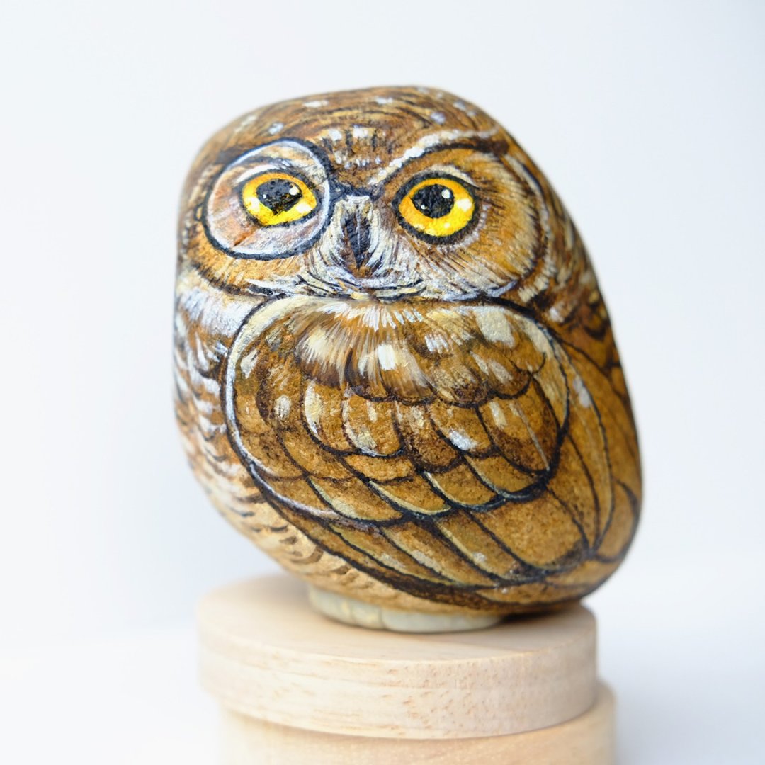 Owl stone painting, Original art,Stone Art Paint by Acrylic Colour, Unique. - 摆饰 - 防水材质 咖啡色