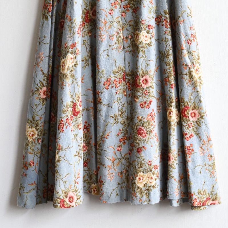 【蛋植物古着】花榭清泉绒面印花古着长裙 - 裙子 - 其他人造纤维 蓝色