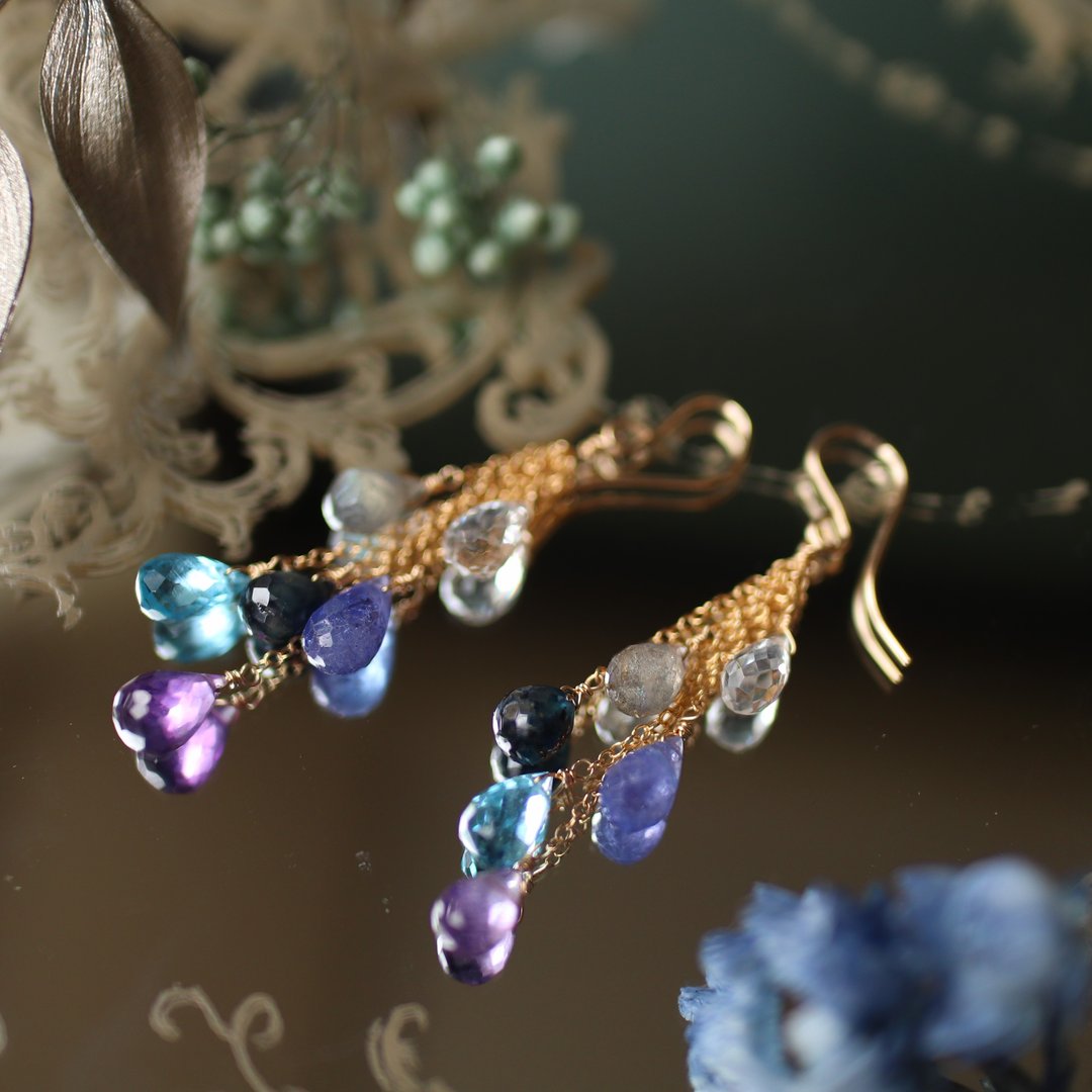 [Standard] 6-drop earrings [Cold colors] - 耳环/耳夹 - 宝石 蓝色