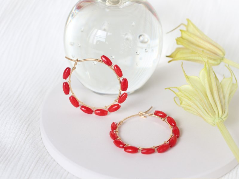 14kgf-红珊瑚圈形无环耳环 - 耳环/耳夹 - 其他金属 红色