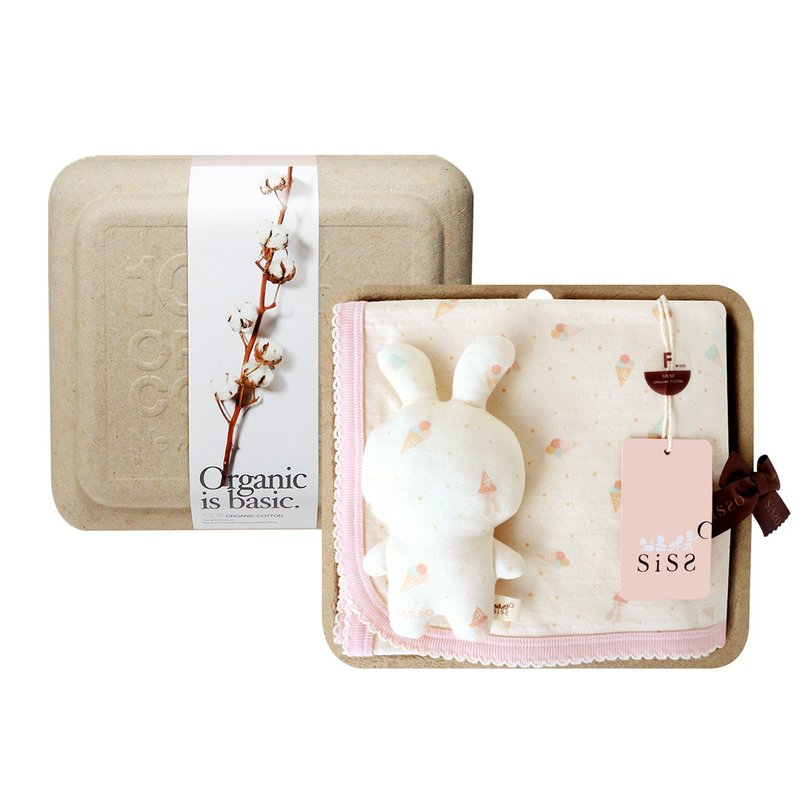 【SISSO有机棉】草莓甜筒兔莱赛尔棉万用巾礼盒 - 满月礼盒 - 棉．麻 白色