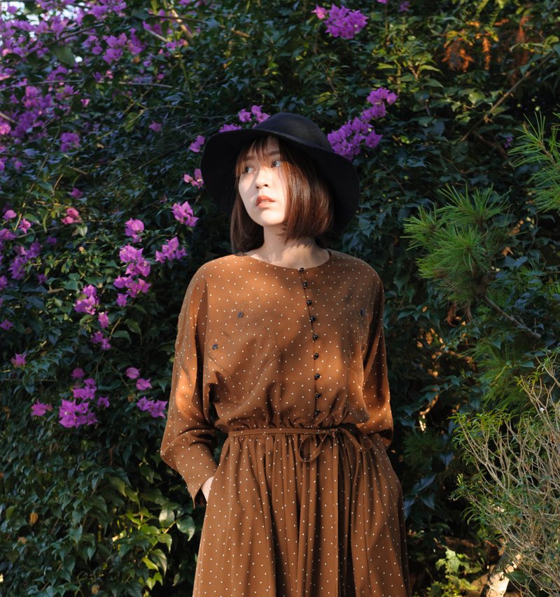 LANZONA 经典复古量感圆裙摆长裙 - 洋装/连衣裙 - 聚酯纤维 咖啡色