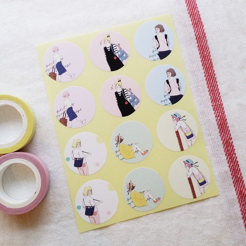 小旅行女孩 万用小圆贴 / 12枚 - 贴纸 - 纸 