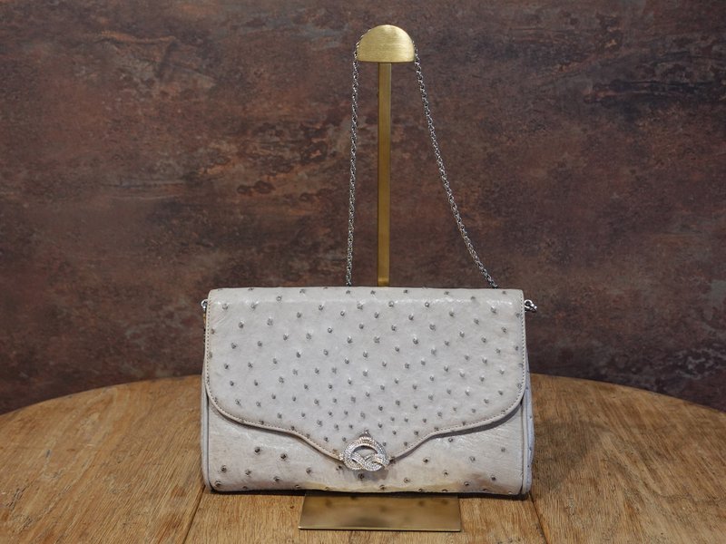 鸵鸟皮手拿/肩侧背包 - 侧背包/斜挎包 - 真皮 灰色