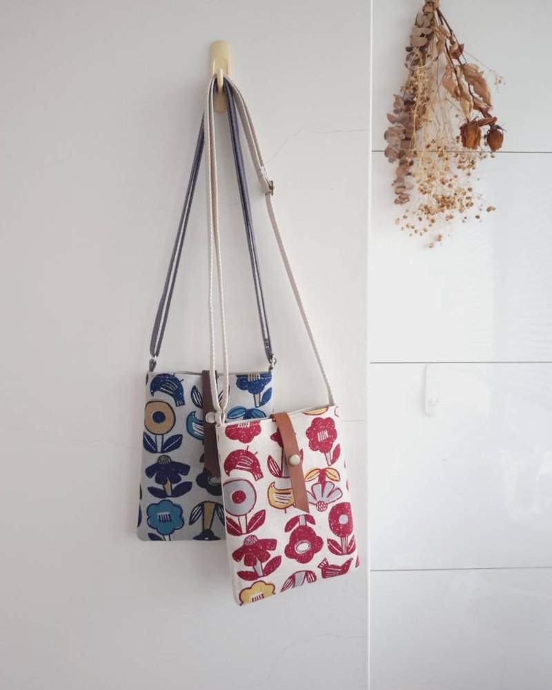 【BTK/随身斜背袋】花鸟涂鸦 拉链大口袋 日本布 帆布 棉麻布 - 侧背包/斜挎包 - 棉．麻 多色