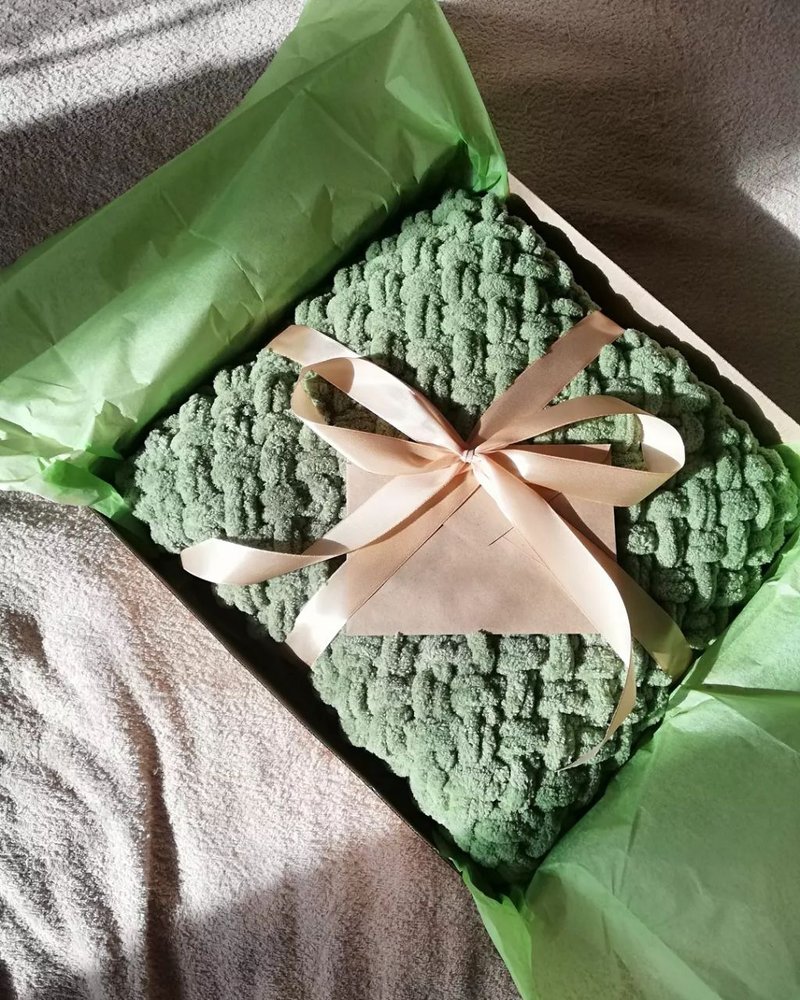 Chunky quilt couch blanket handmade Best gift for her - 被子/毛毯 - 聚酯纤维 绿色
