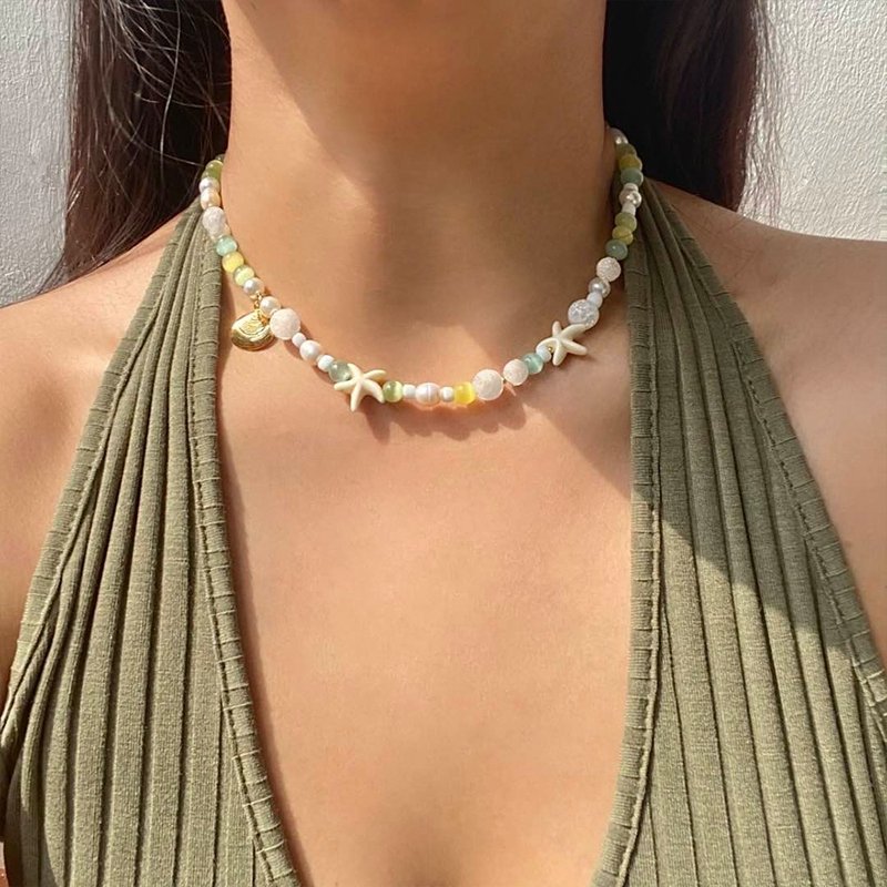 猫眼石项链  贝壳吊坠  不锈钢材质  不褪色  夏季风格饰品 - 项链 - 不锈钢 金色