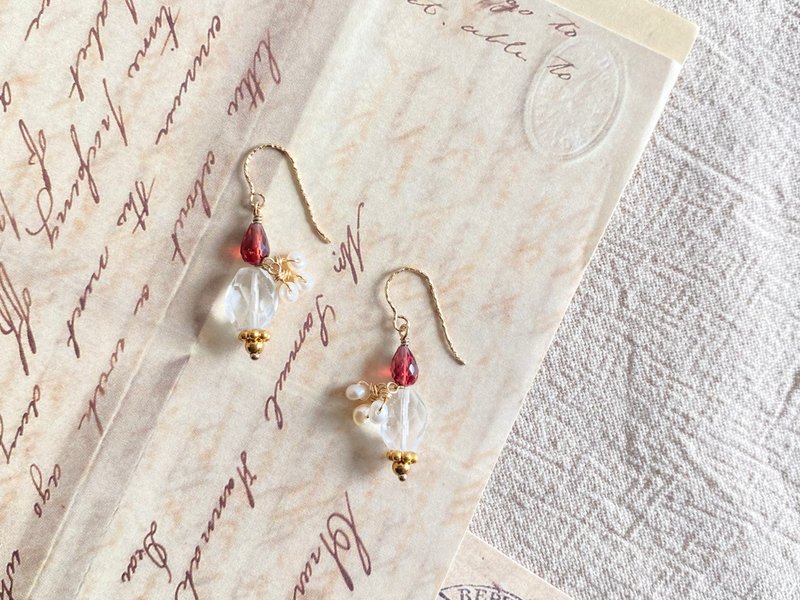 节日款 石榴石水滴 白水晶 淡水珍珠 || 美国14KGF注金 耳环 - 耳环/耳夹 - 水晶 红色