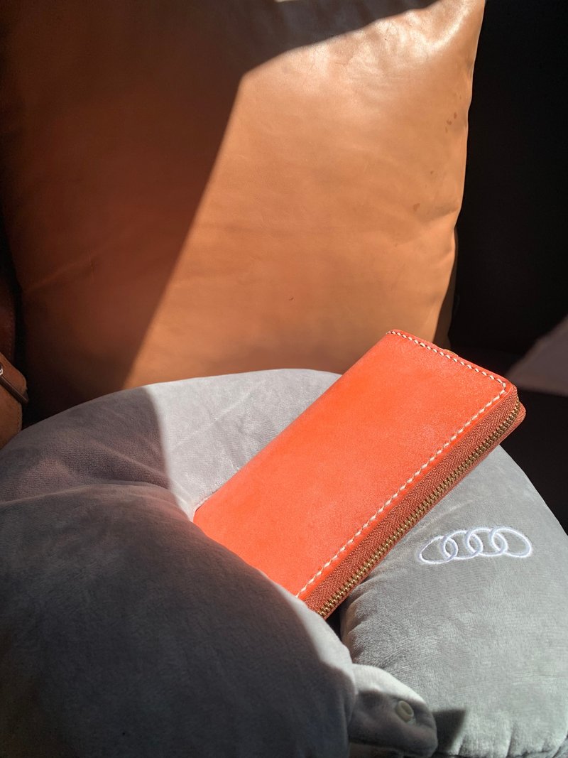 【梁絮皮艺】手缝牛皮长夹/拉链钱包/真皮/马缰革/财布/Alisse - 皮夹/钱包 - 真皮 橘色