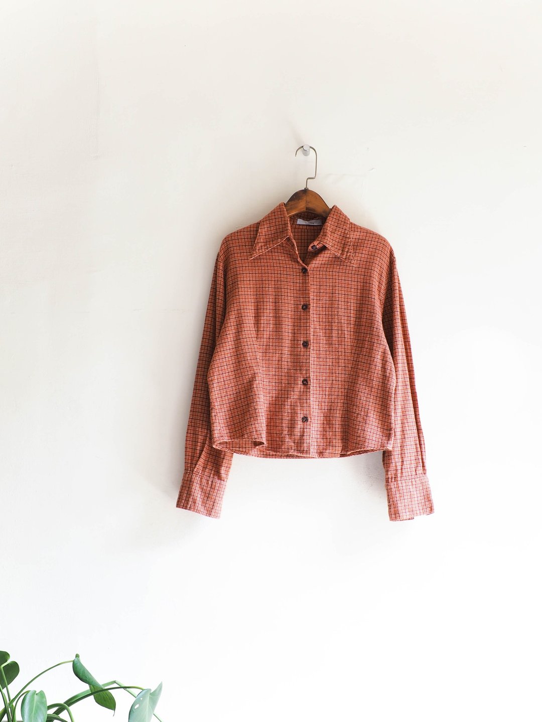 河水山 - 宫城砖红细格纹短版青涩手札 古董棉质衬衫上衣 shirt oversize vintage - 女装衬衫 - 棉 红色