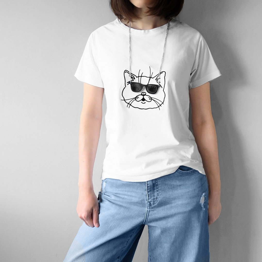DECO T-shirt - Cat - 中性连帽卫衣/T 恤 - 棉．麻 白色