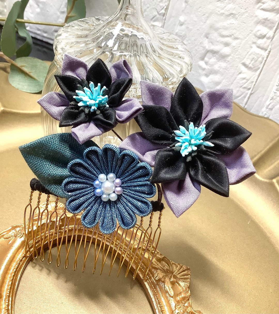 布花作品　发饰　簪　和风布花　瓦莱塔　布花细工　优雅的 - 发饰 - 棉 黑色