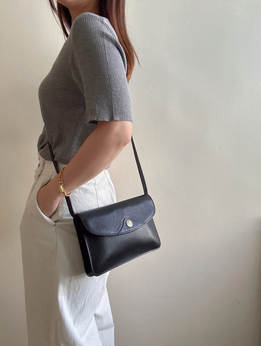 中古正品 Christian Dior 迪奥 真皮斜背包 腋下包 法国制 - 侧背包/斜挎包 - 真皮 黑色