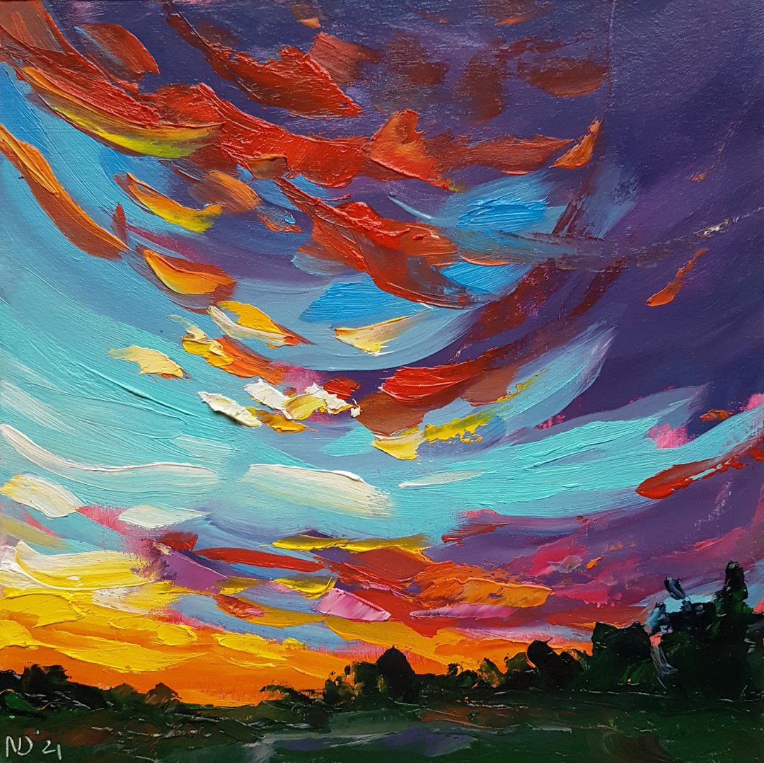 Cloud Oil Painting Original Skyscape Artwork Sunset Sky and Sun Wall Art - 海报/装饰画/版画 - 其他材质 红色