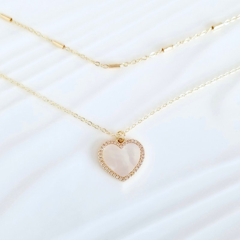 14K包金项链2件套装 配 镶锆石爱心母贝吊坠 | 可叠带或分开佩带 - 项链 - 其他金属 金色