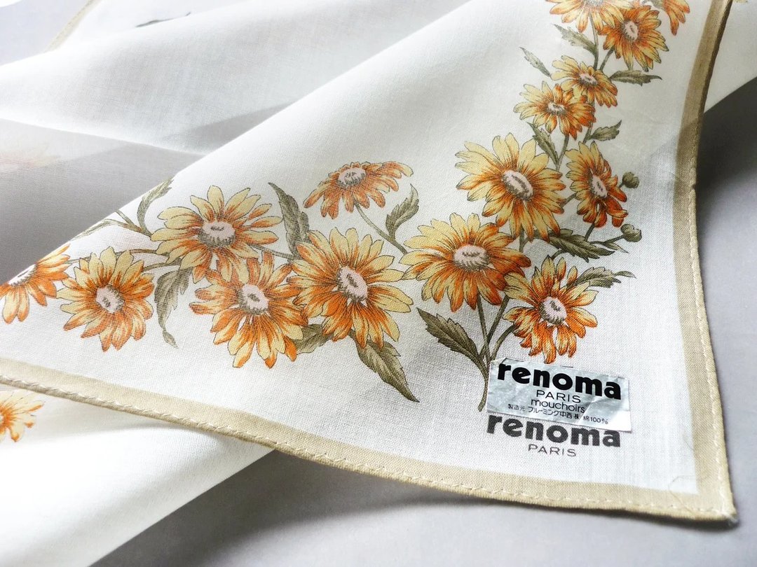 renoma Paris Vintage Floral Handkerchief 17 x 17 Pocket Square Birthday Gift - 手帕/方巾 - 棉 橘色