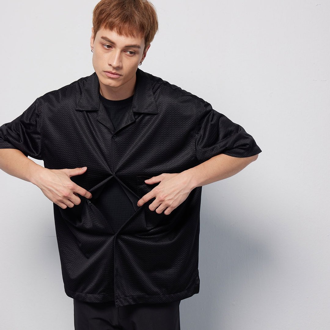 Stone'As EYELET FABRIC SHIRT / 黑色透气网眼衬衫 - 男装衬衫 - 其他材质 黑色