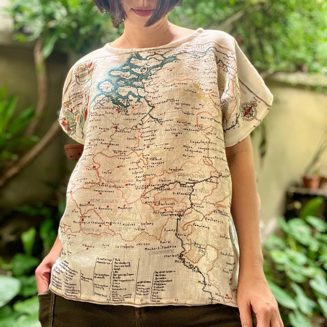 Map Shirt - 手作地图刺绣拼布衬衫 - 女装上衣 - 棉 多色