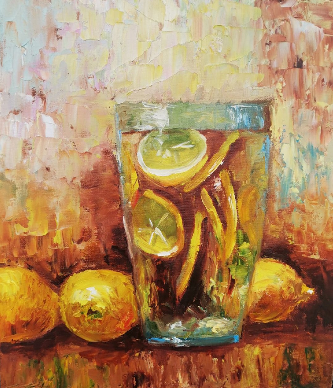 Original oil still life Lemonade painted in impasto technique kitchen decor - 墙贴/壁贴 - 其他材质 多色
