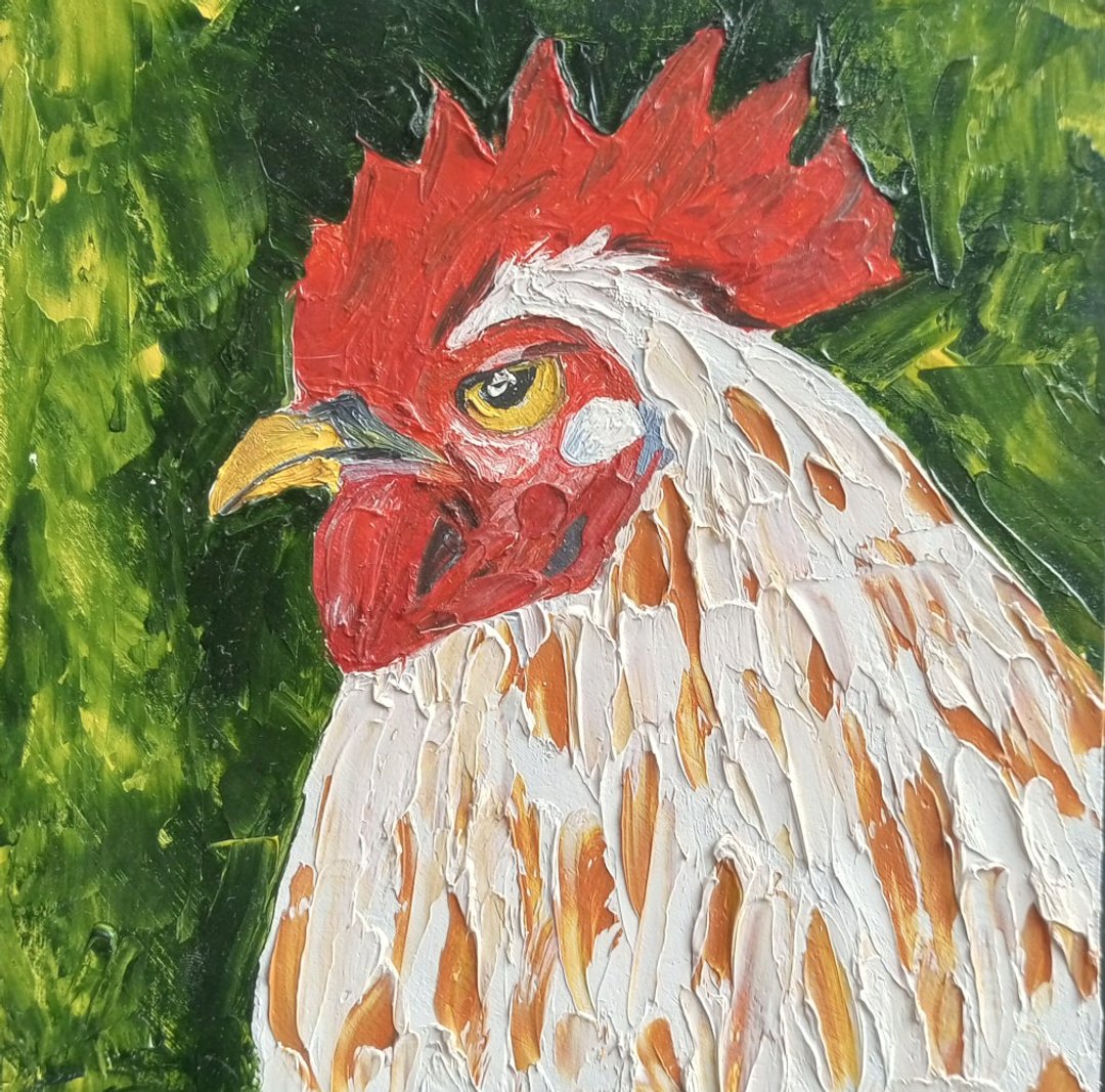 Rooster Oil Painting Farm Original Art Bird portrait Rooster Wall Decor Tiny Art - 海报/装饰画/版画 - 颜料 绿色