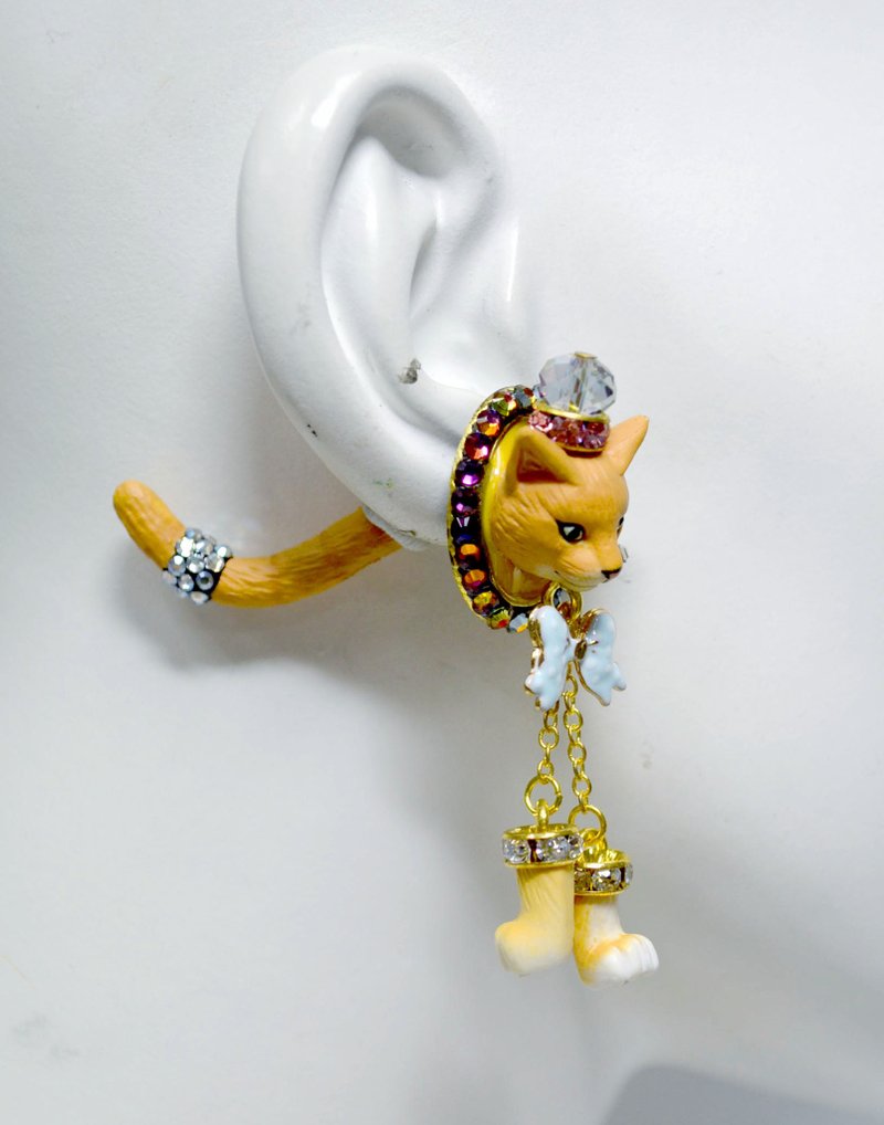 TIMBEE LO 啡色花猫 猫咪耳钉 幻彩宝石搭配 蝴蝶结装饰 长尾巴耳壁 高贵可爱 单只发售 - 耳环/耳夹 - 塑料 橘色