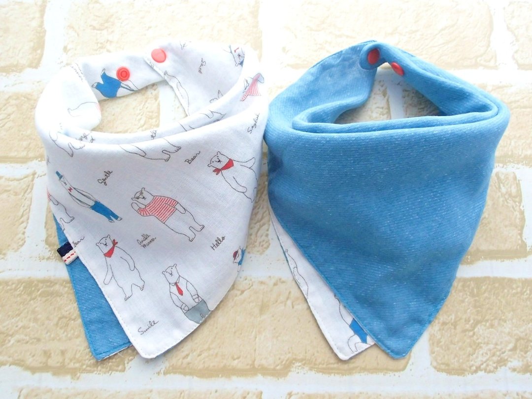 Baby Bib, 口水巾, Reversible Scarf Bib, Handkerchief, Polar Bear, Japanese Cotton - 围嘴/口水巾 - 棉 蓝色