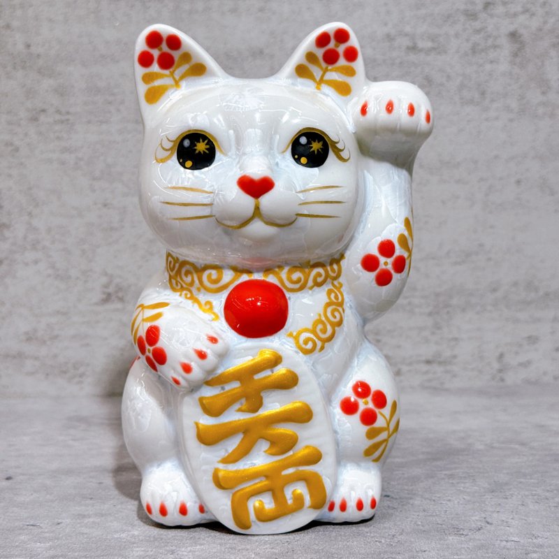 【金彩瑞兽】日本清水烧招财猫 | 花结晶 白 体花 千万両 左 - 摆饰 - 瓷 白色