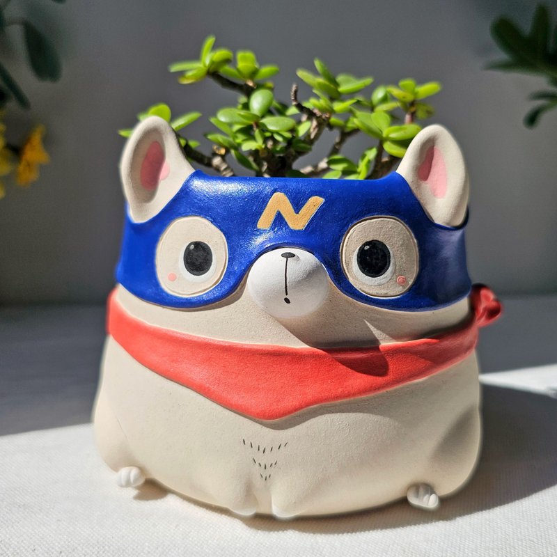 White dog plant pot, Super Noonster Woof. Handmade planter. - 花瓶/陶器 - 陶 