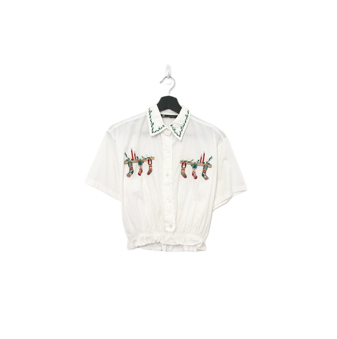Back to Green-再制刺绣白衬衫 蜡烛圣诞袜 ws-03//vintage shirt - 女装衬衫 - 棉 