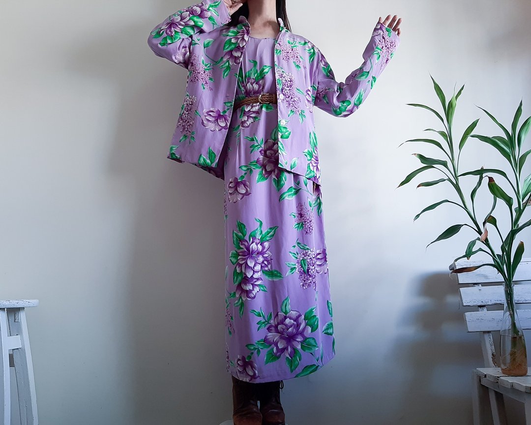 复古 90 年代 2 件套丝绸花卉连衣裙夹克 METRO STYLE 尺码 16 XL - 洋装/连衣裙 - 丝．绢 紫色