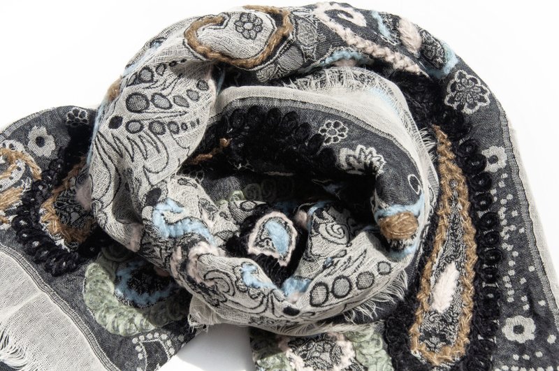 喀什米尔Cashmere/水煮羊毛披肩/针织围巾/刺绣围巾/羊绒披巾-花 - 围巾/披肩 - 羊毛 黑色