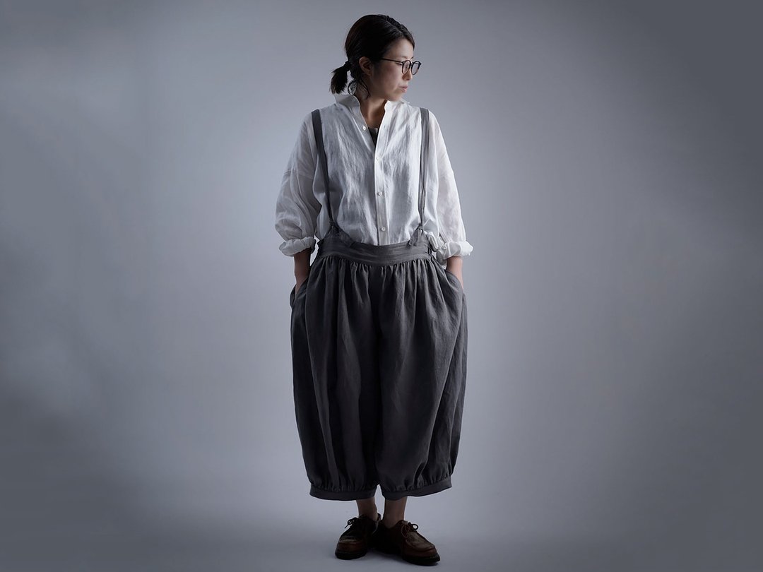 wafu - AMAKO Linen Harem Pants with Strap/ Flax Beige b003d-nib1 - 中性裤装 - 亚麻 灰色