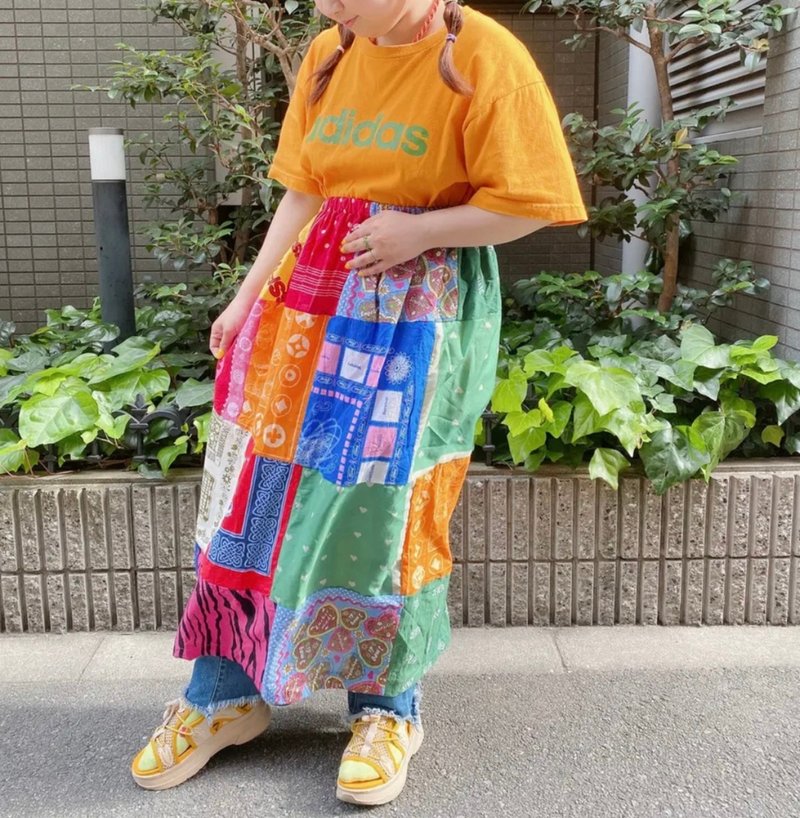 丝巾拼贴裙 - 裙子 - 棉．麻 