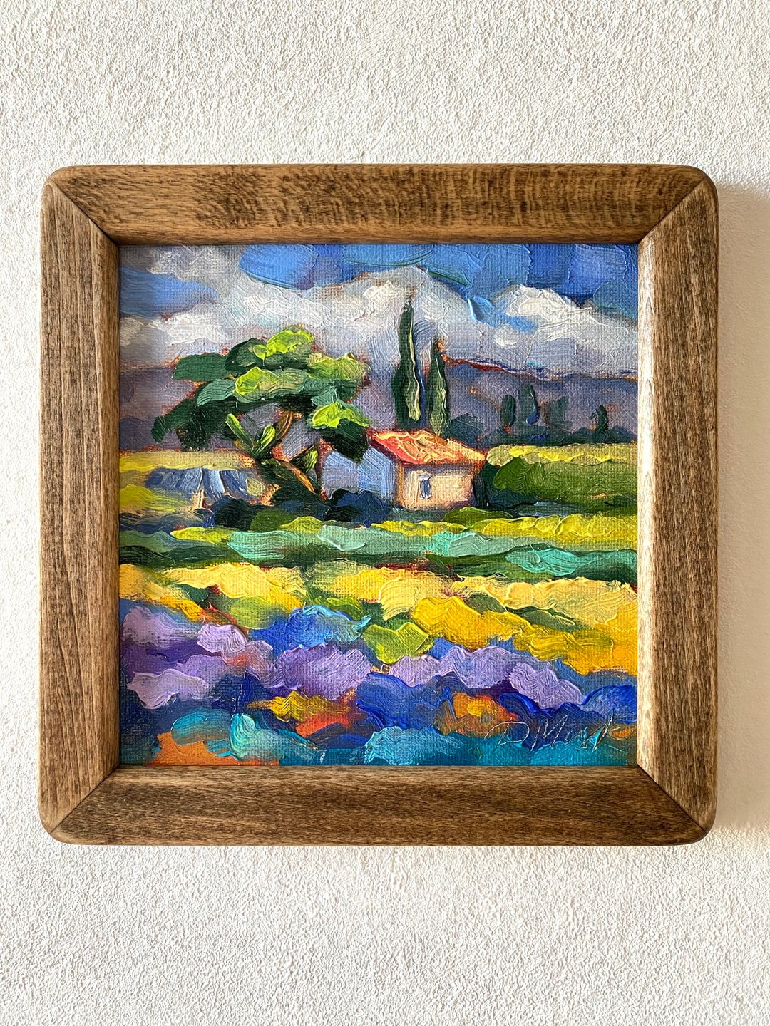 薰衣草田绘画托斯卡纳原创艺术风景油画厚涂小幅艺术品 8x8 托斯 - 墙贴/壁贴 - 木头 