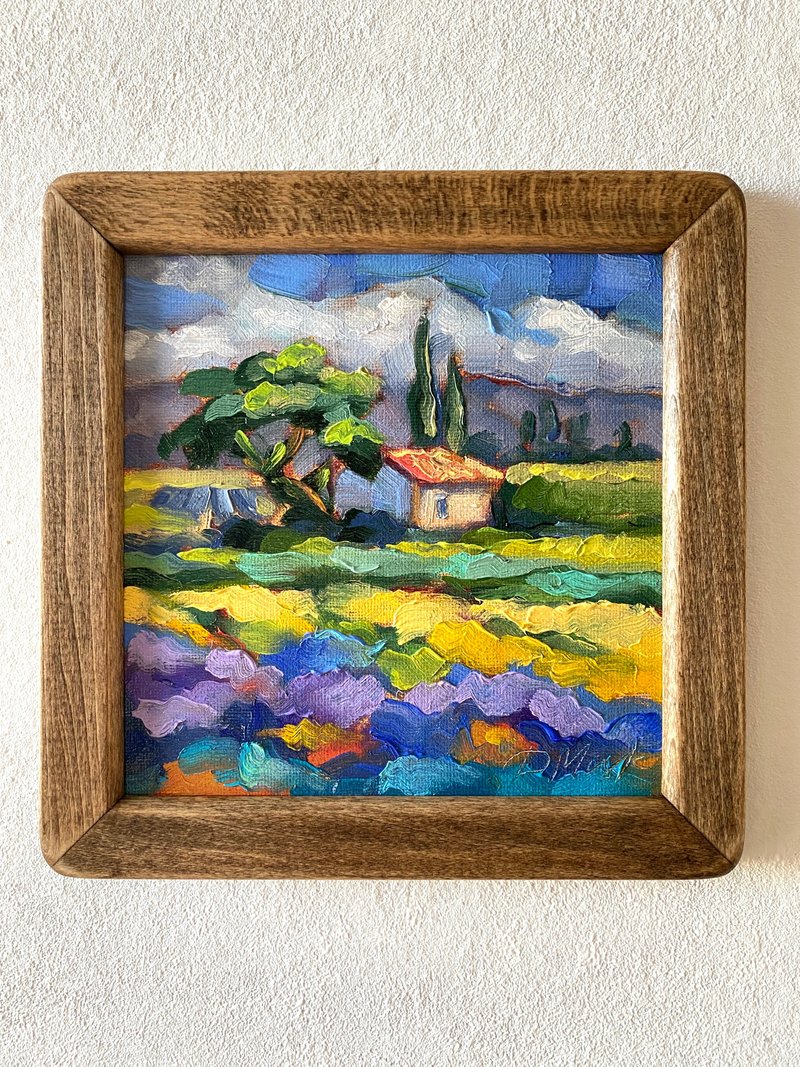 薰衣草田绘画托斯卡纳原创艺术风景油画厚涂小幅艺术品 8x8 托斯 - 墙贴/壁贴 - 木头 