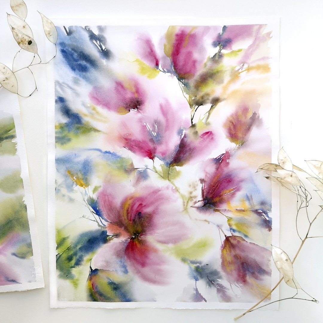 Magnolia original painting Watercolor floral wall art Bedroom wall decor - 海报/装饰画/版画 - 纸 紫色
