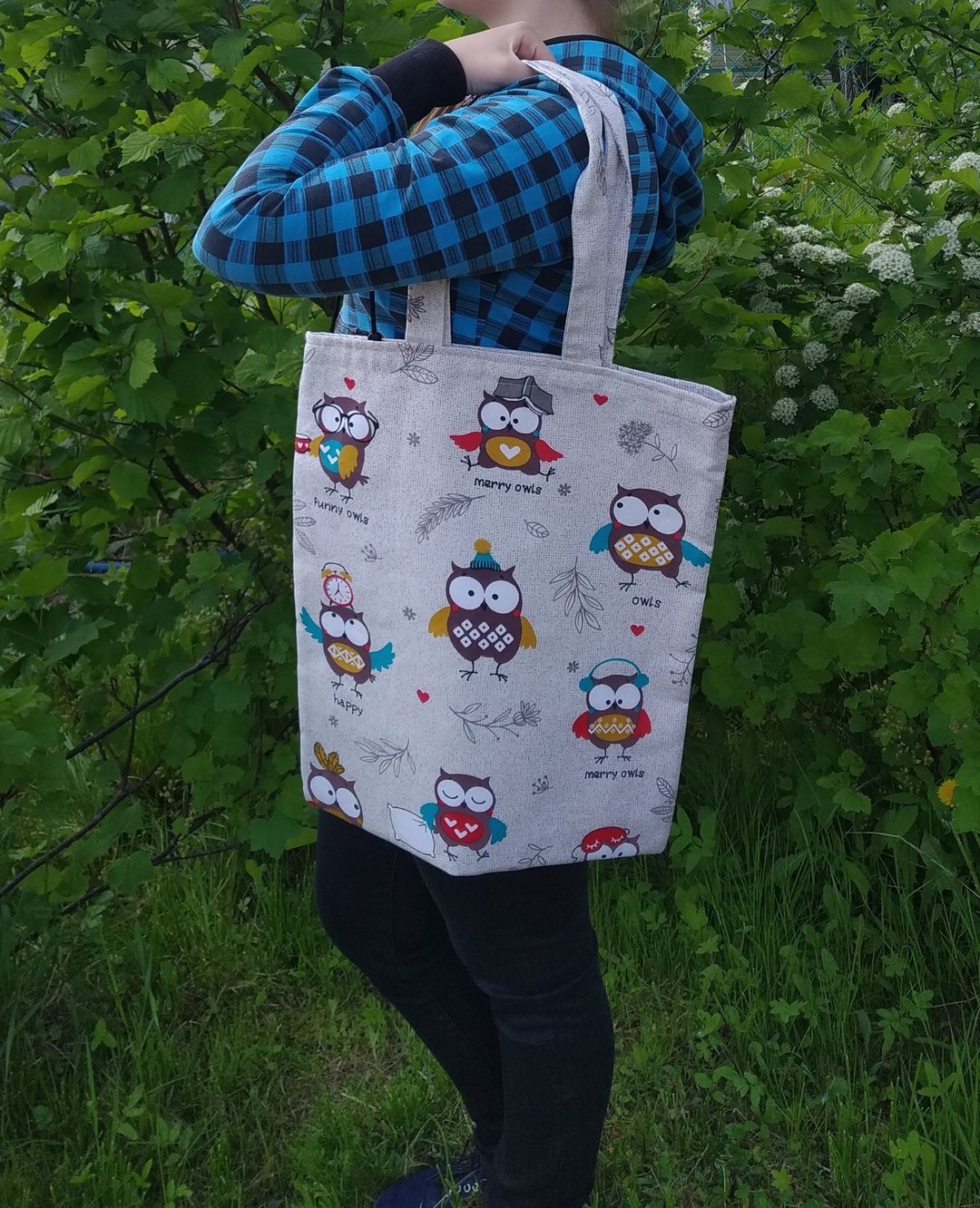 Strong reusable grey tote bag, cotton canvas bag with owls - 手提包/手提袋 - 棉 银色