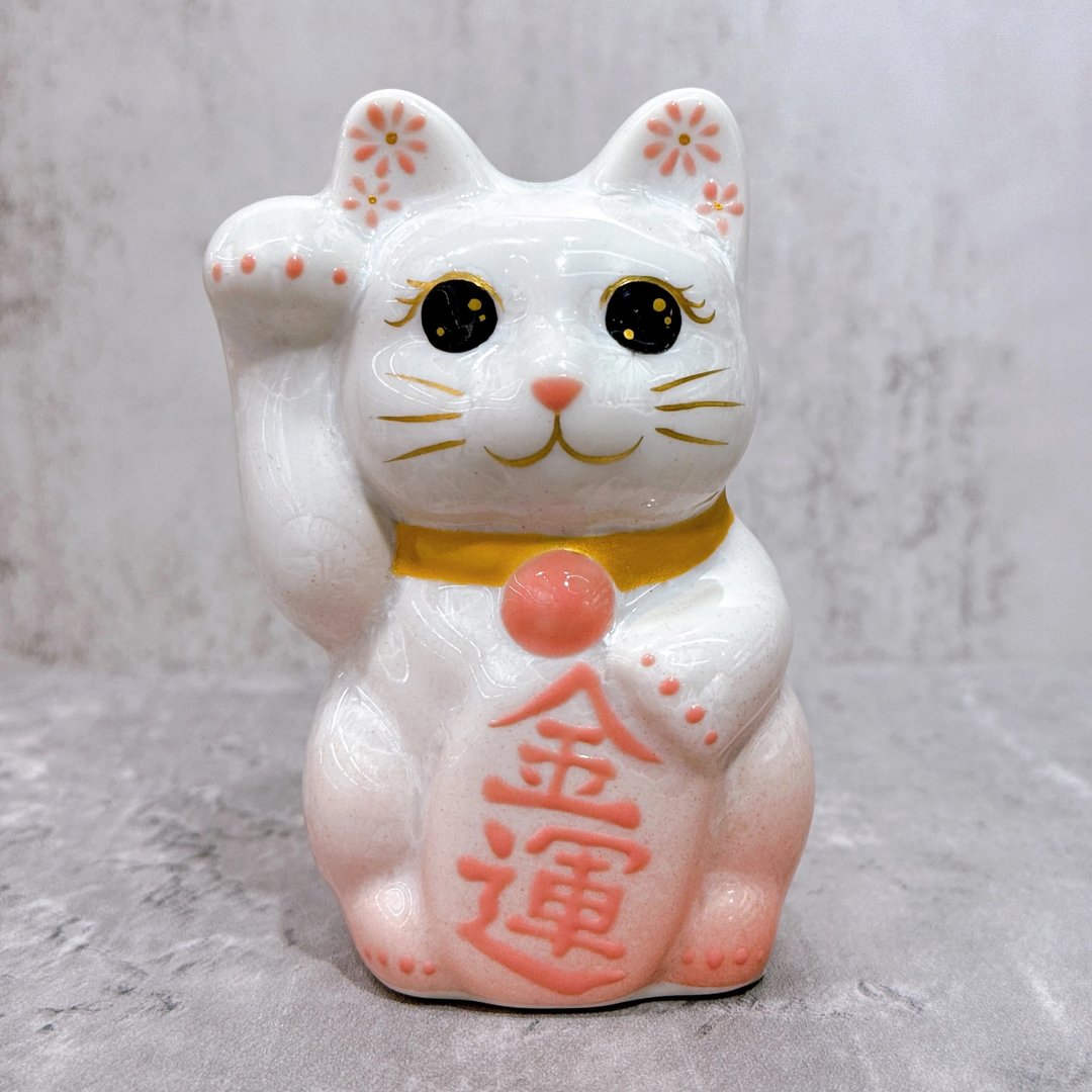 【桃花喵语】日本清水烧招财猫 | 花结晶 桃白 金运 右 特小 - 摆饰 - 瓷 白色