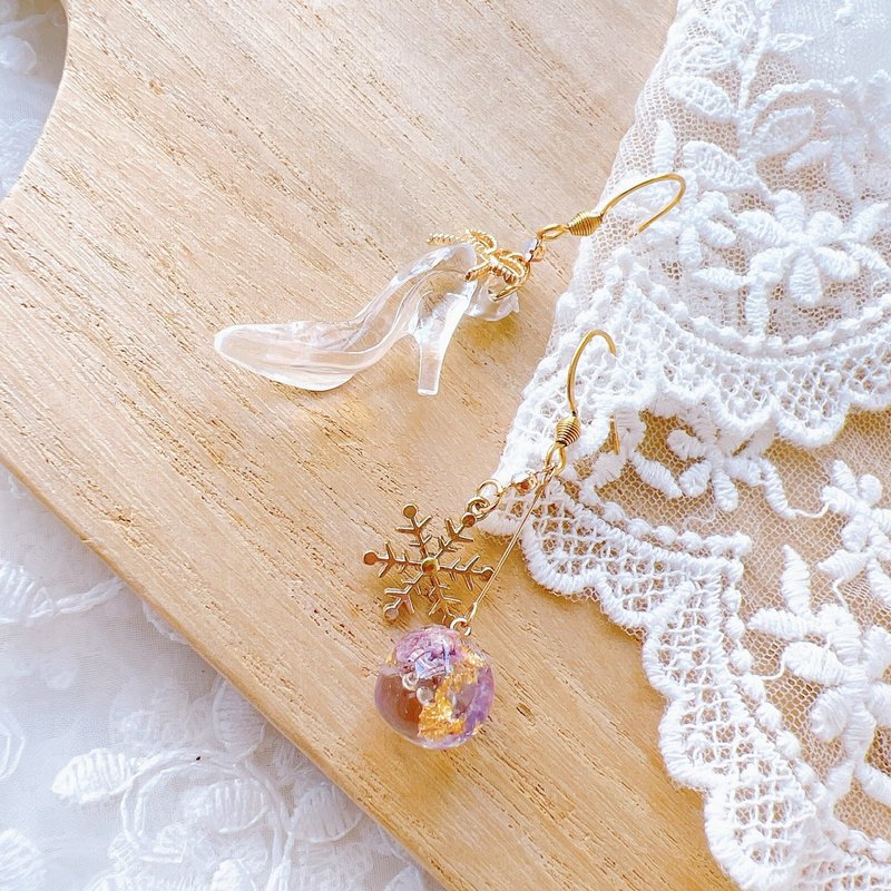 耳环 日本花材 手作 耳夹 饰物 礼物 灰姑娘 玻璃鞋 打卡 春天 - 耳环/耳夹 - 其他材质 紫色