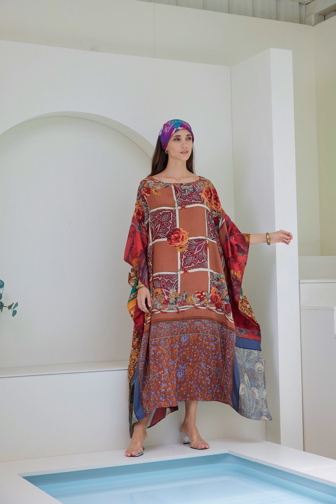 Silk Scarves Patchwork Kaftan, Women Plus Size, Floral Vintage, Designer Caftan - 洋装/连衣裙 - 丝．绢 咖啡色